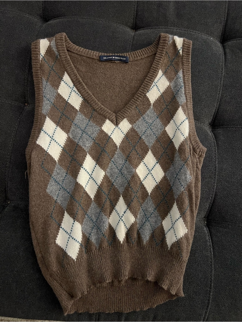 Brandy Melville Brown Argyle V-Neck Sweater Vest with Cream and Gray
